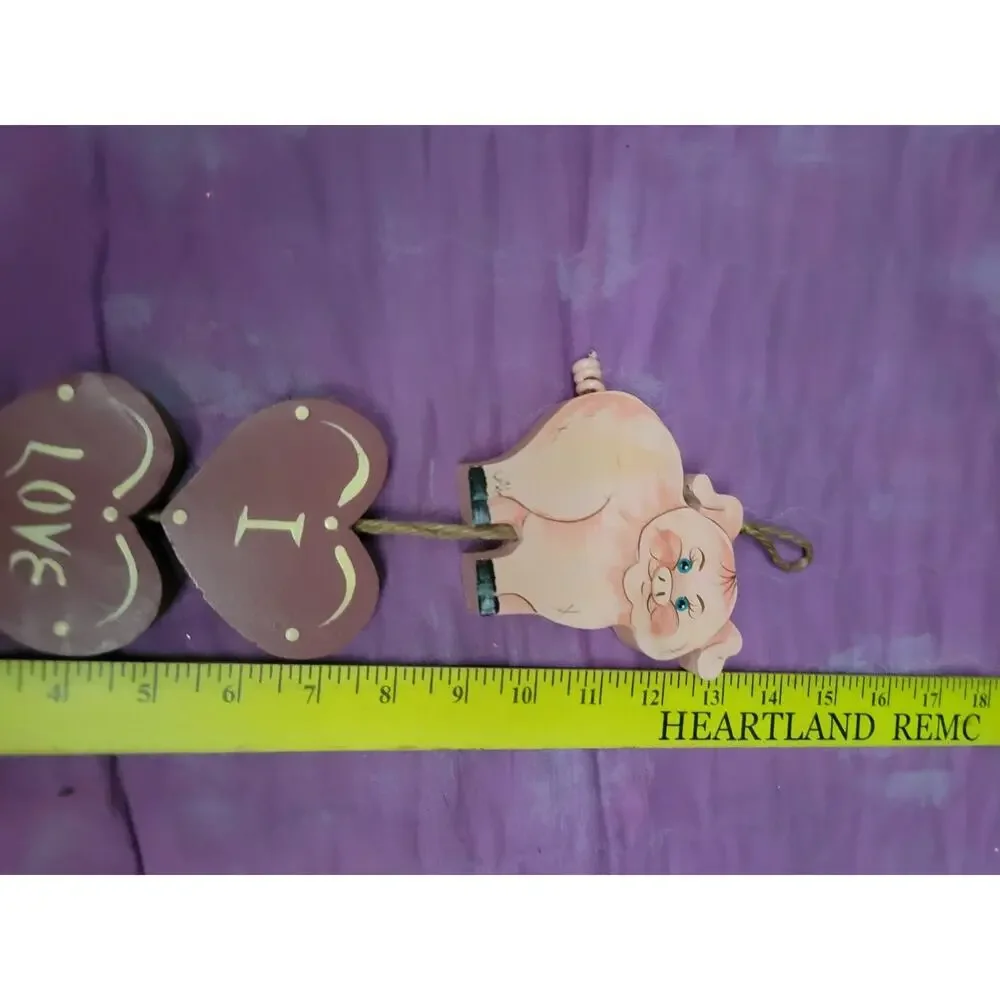 Grandma-core Cottage Wooden Pig I Love Pigs Hearts Strings